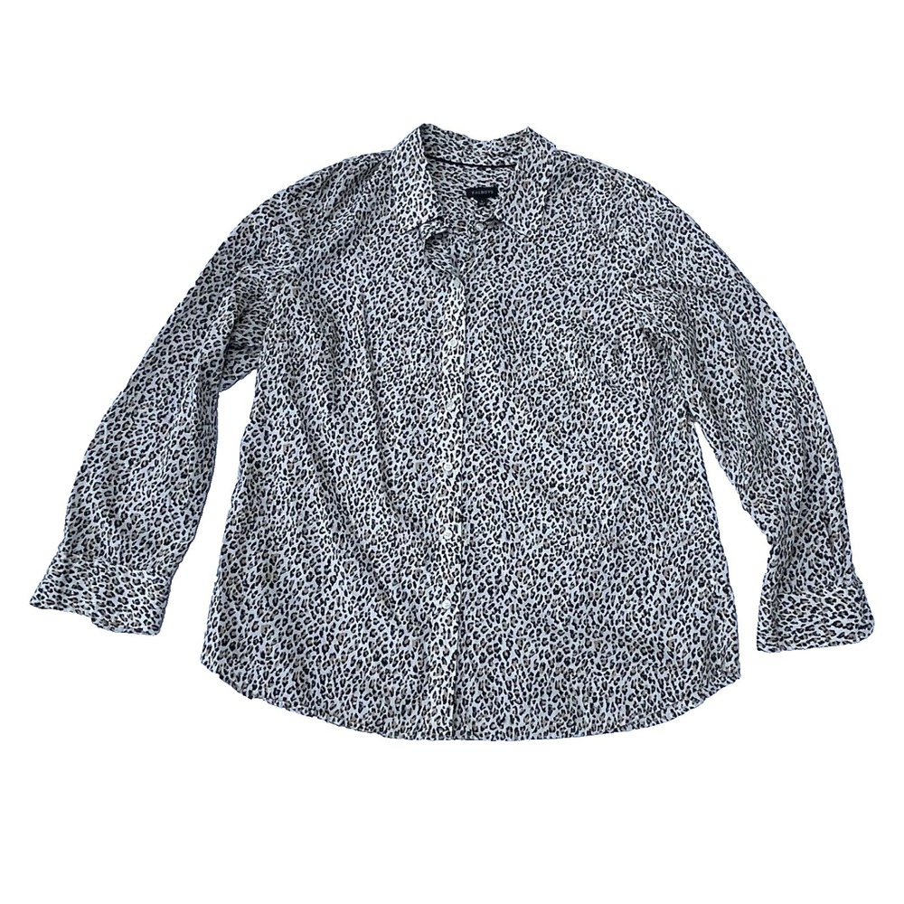TALBOTS Womens Large Leopard Print Long Sleeve Button-Up Cotton Blouse Classic
